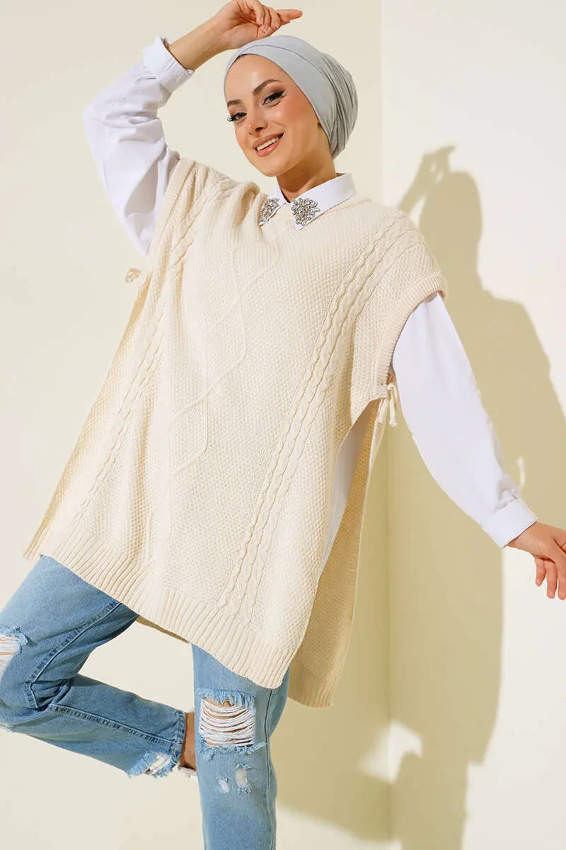 11010 Yanları Bağlamalı Örgü Motifli Süveter Taş Rengi-detail