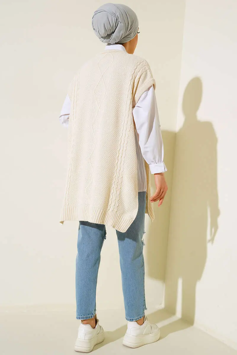 11010 Yanları Bağlamalı Örgü Motifli Süveter Taş Rengi-detail