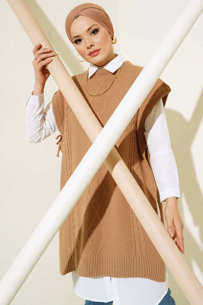 11010 Yanları Bağlamalı Örgü Motifli Süveter Vizon-detail