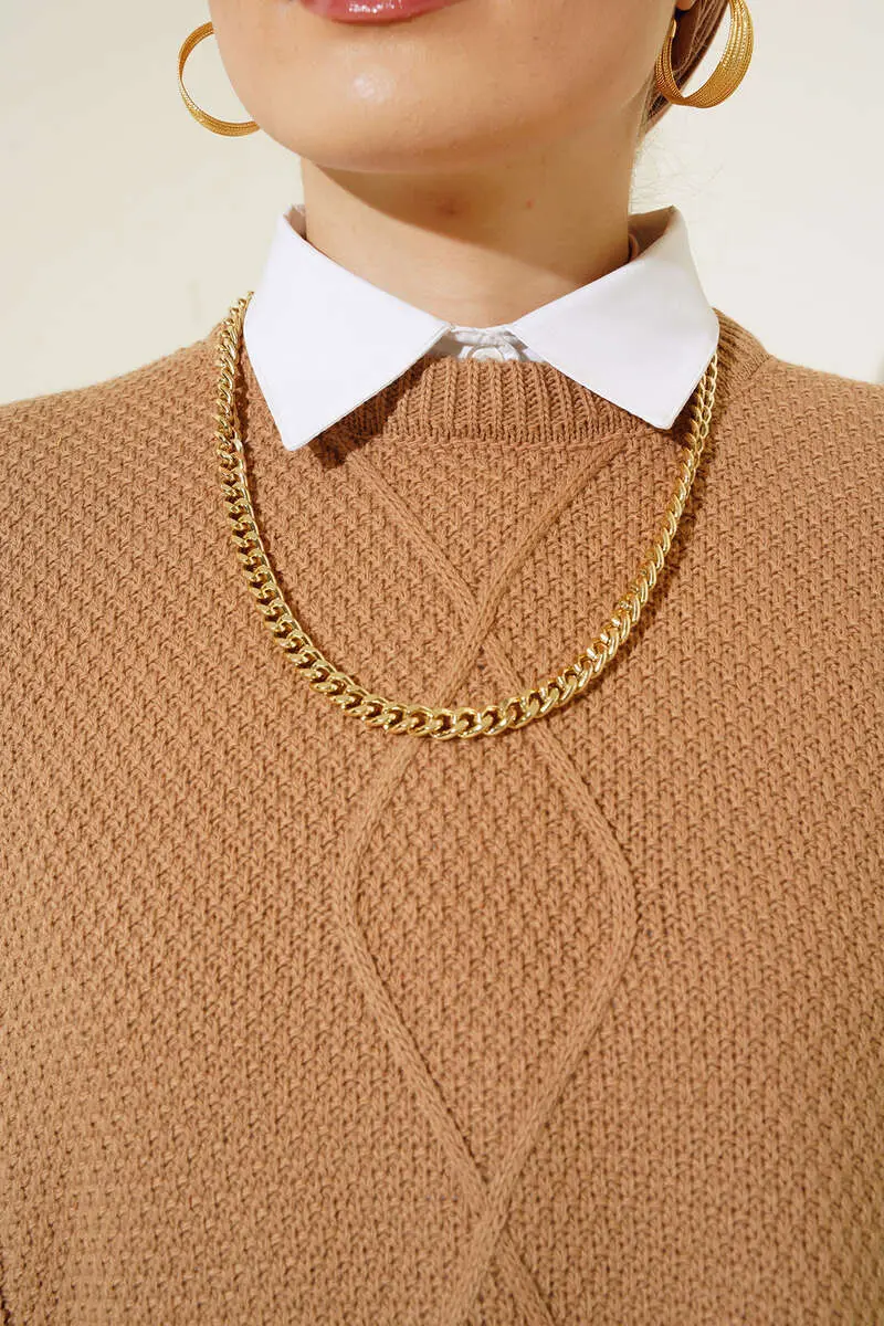 11010 Yanları Bağlamalı Örgü Motifli Süveter Vizon-detail