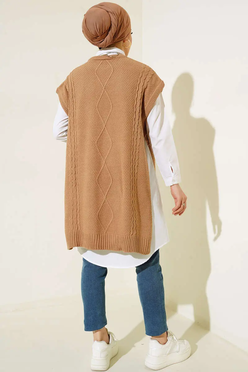 11010 Yanları Bağlamalı Örgü Motifli Süveter Vizon-detail
