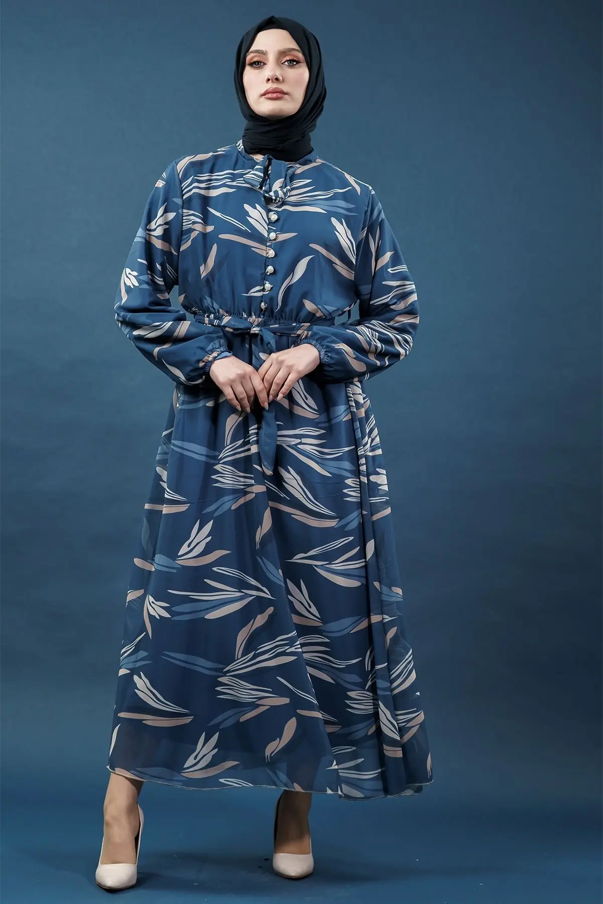 Yaprak Desenli Lacivert Tesettür Elbise-detail