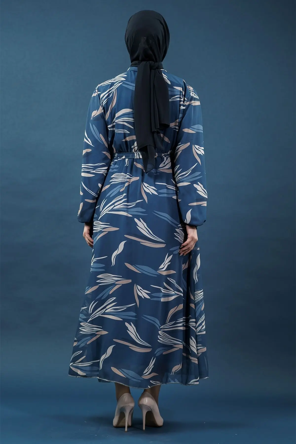 Yaprak Desenli Lacivert Tesettür Elbise-detail