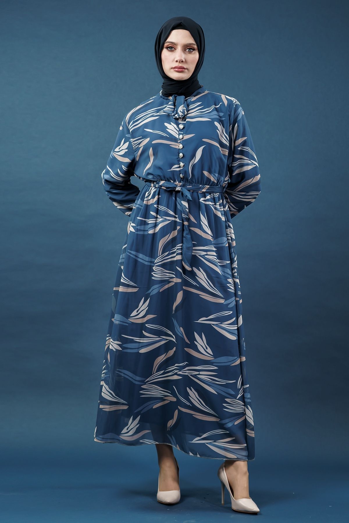 Yaprak Desenli Lacivert Tesettür Elbise