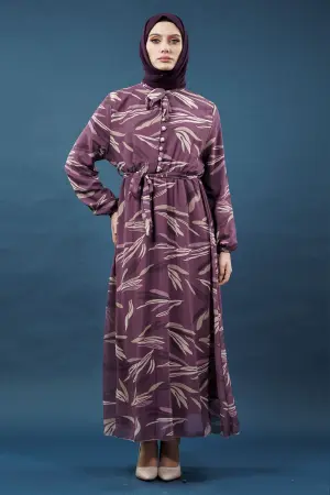 Yaprak Desenli Mor Tesettür Elbise