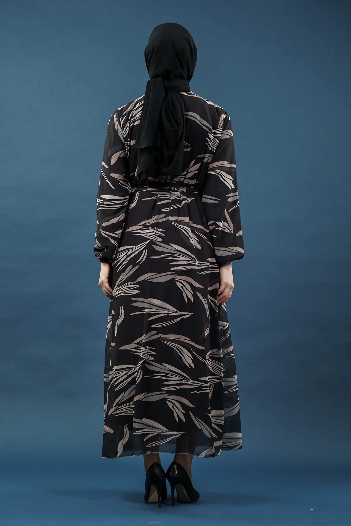 Yaprak Desenli Mor Tesettür Elbise-detail