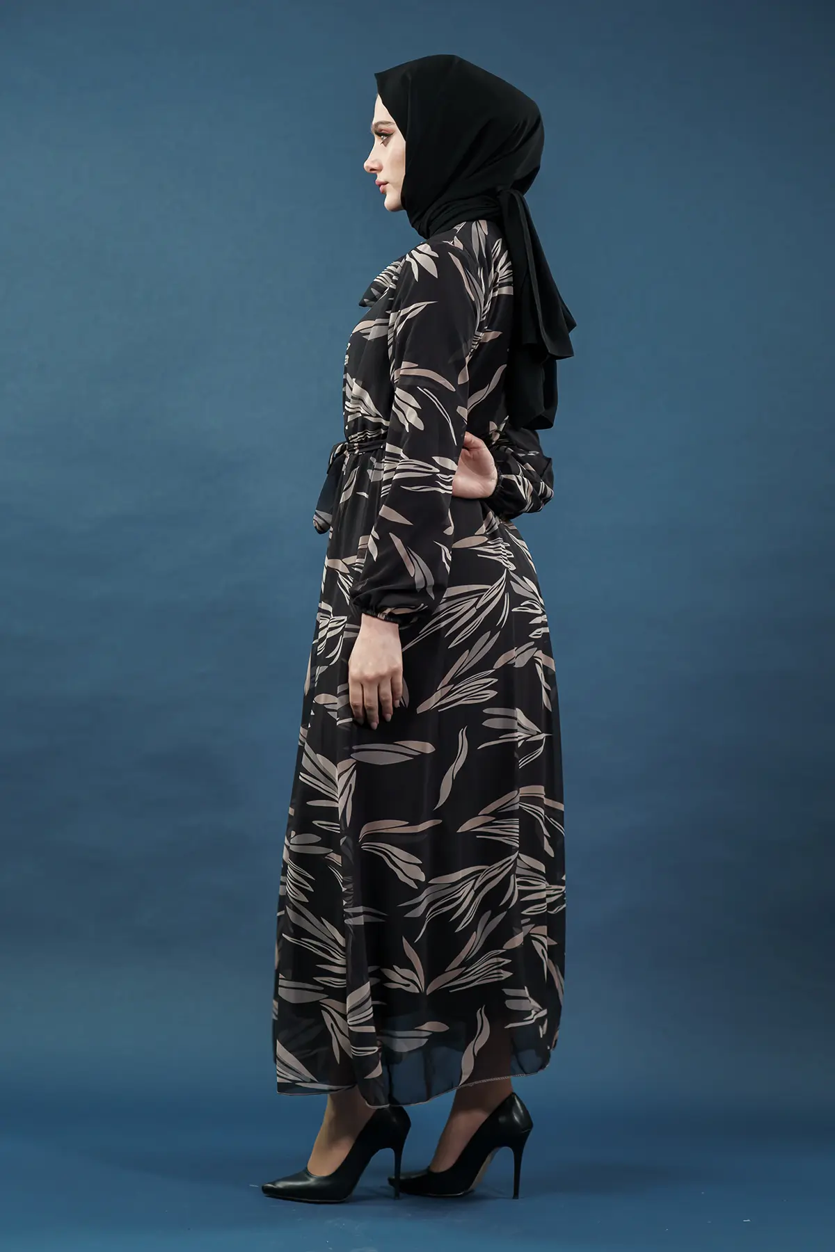 Yaprak Desenli Mor Tesettür Elbise-detail