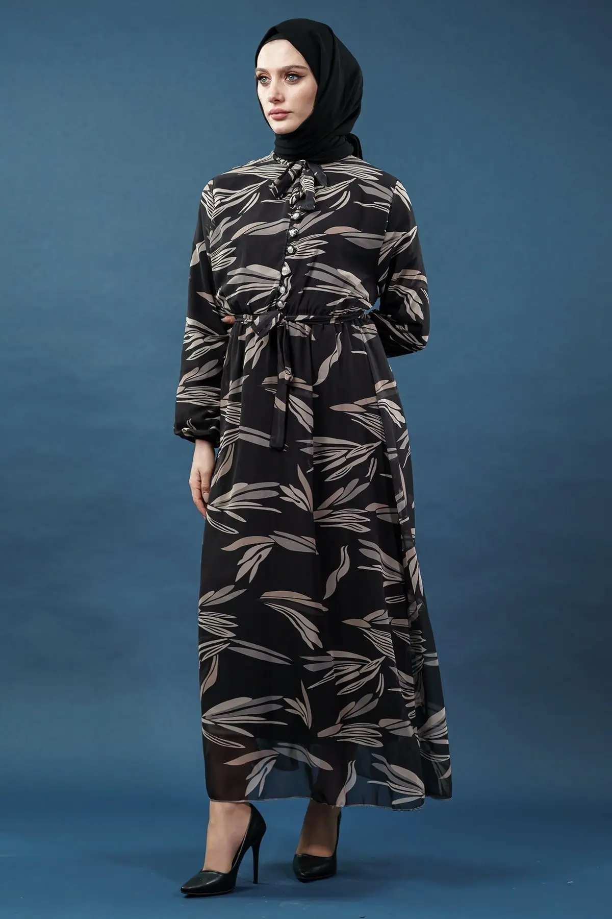 Yaprak Desenli Mor Tesettür Elbise-detail