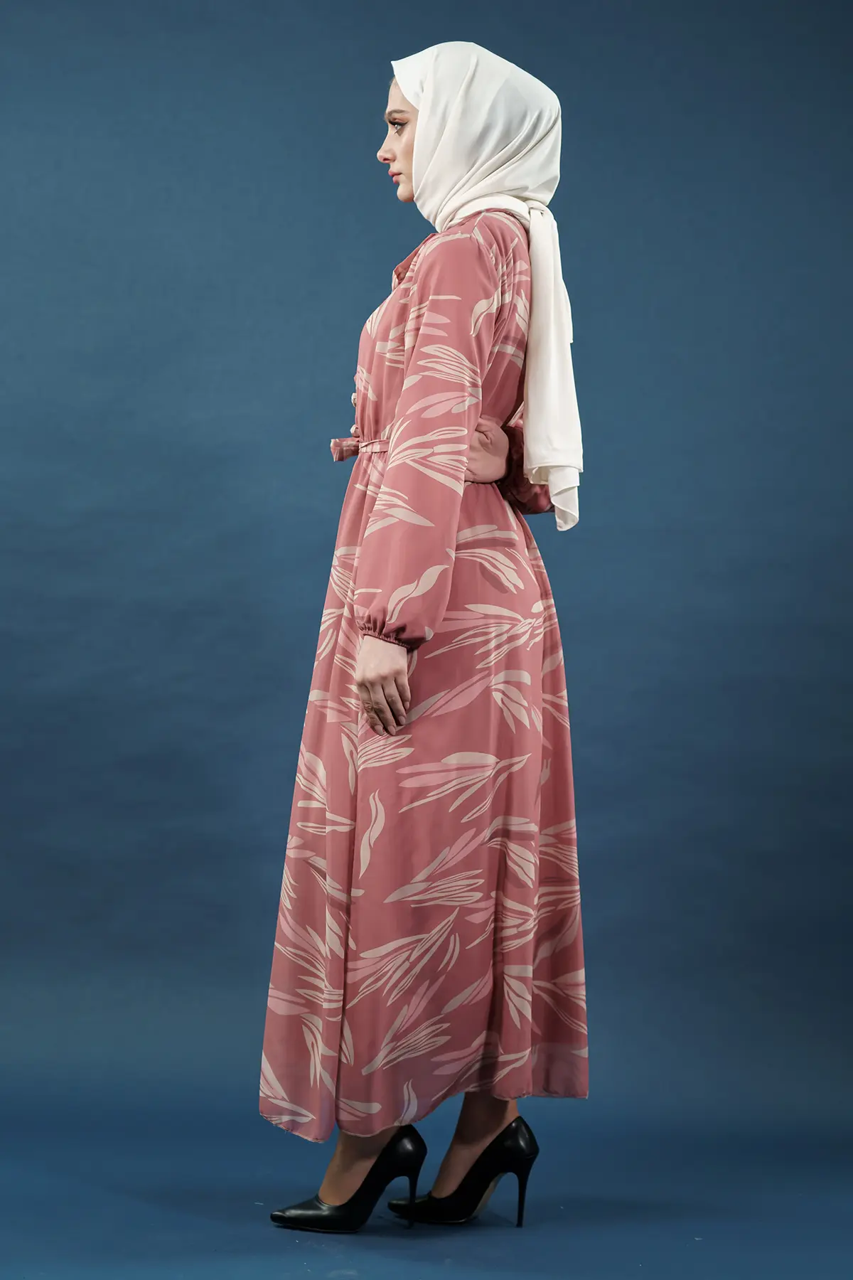 Yaprak Desenli Somon Tesettür Elbise-detail