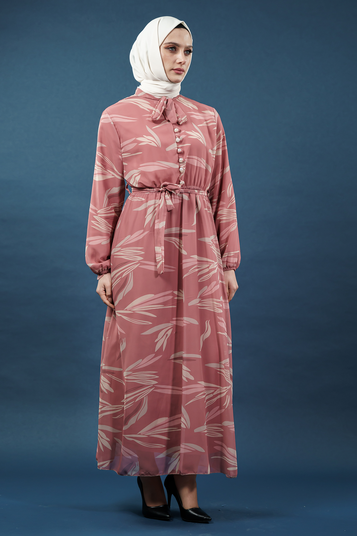 Yaprak Desenli Somon Tesettür Elbise