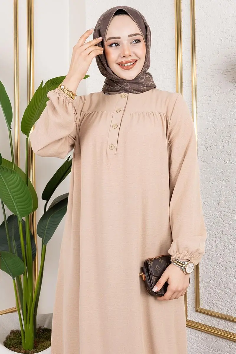 Yarım Düğmeli Aerobin Elbise Bej-detail