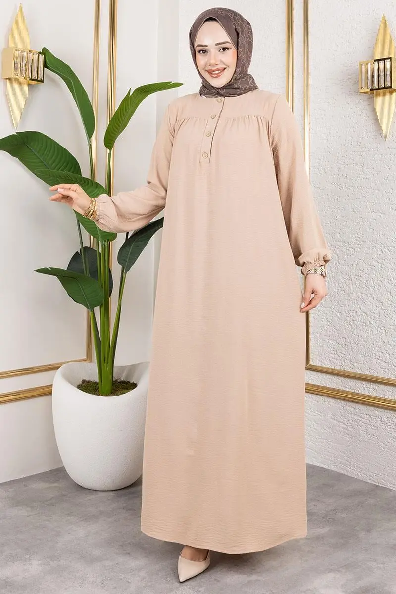 Yarım Düğmeli Aerobin Elbise Bej-detail