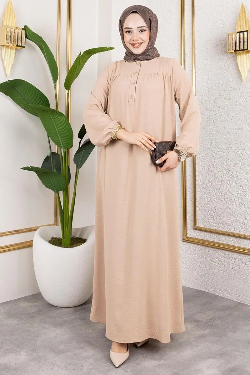 Yarım Düğmeli Aerobin Elbise Bej-detail