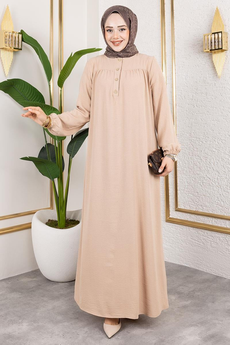 Yarım Düğmeli Aerobin Elbise Bej