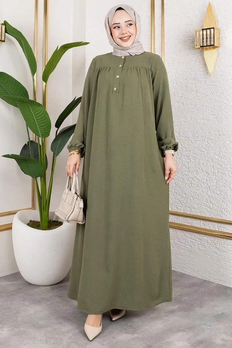 Yarım Düğmeli Aerobin Elbise Haki-detail