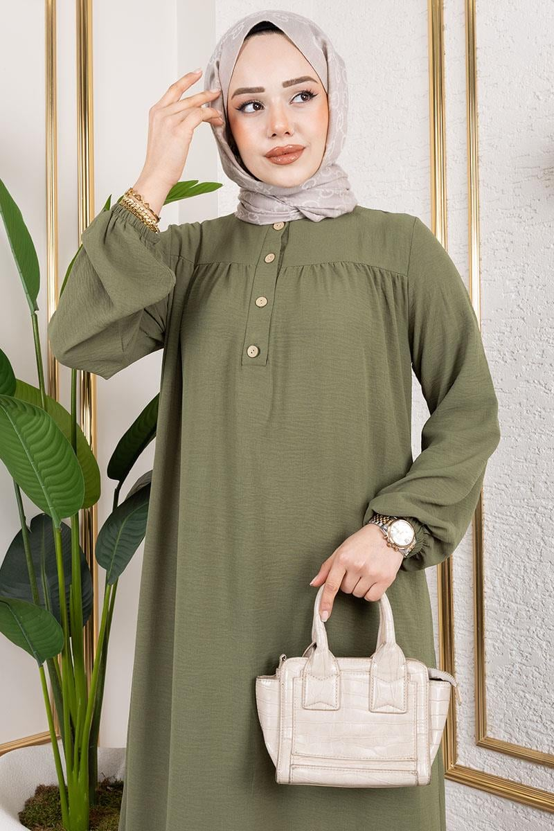 Yarım Düğmeli Aerobin Elbise Haki