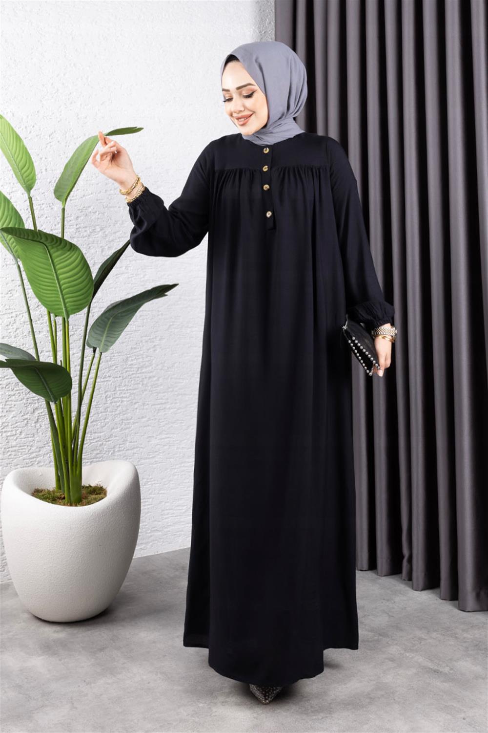 Yarım Düğmeli Viskon Elbise