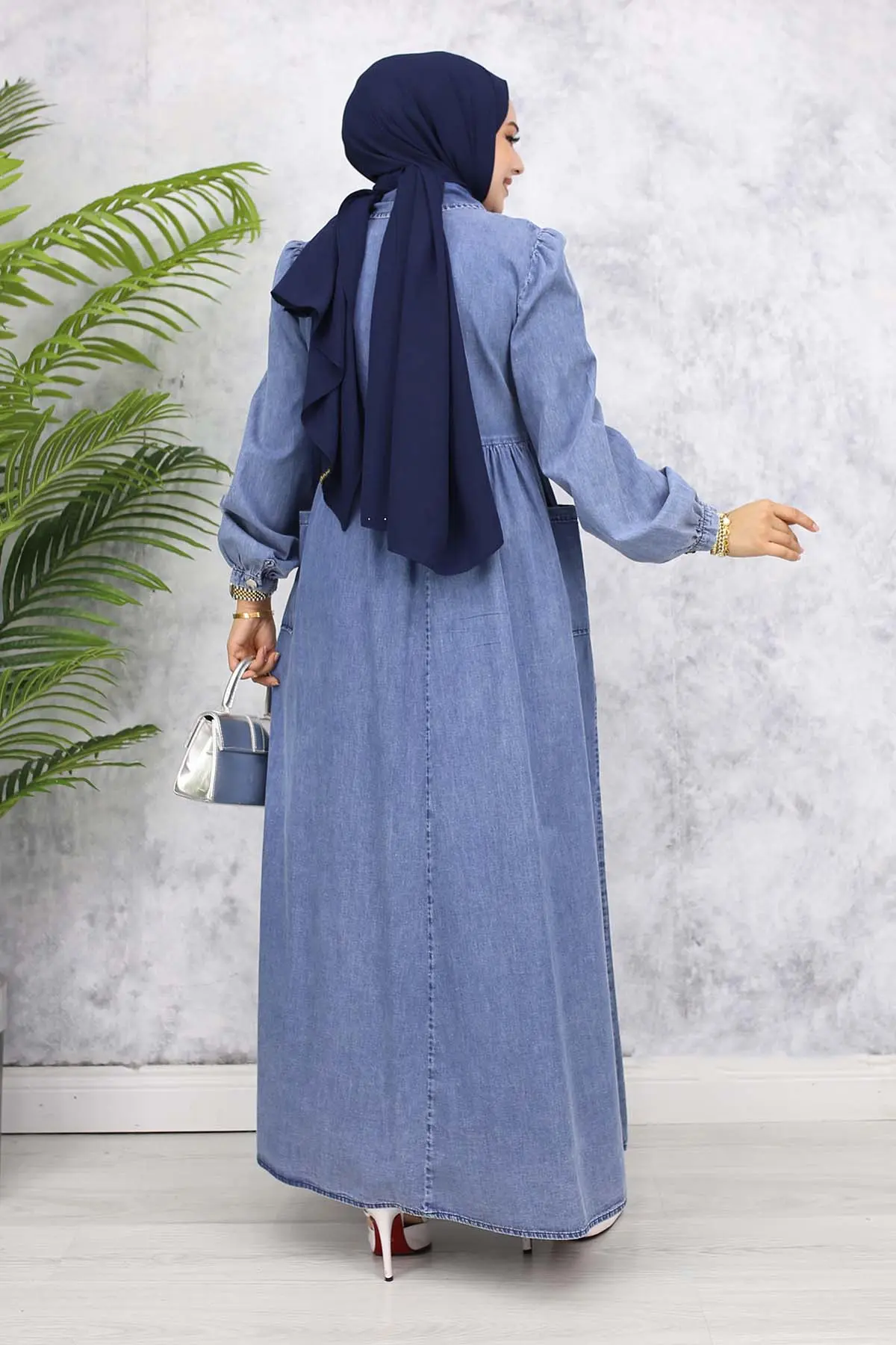 Denim Dress With Half Zipper Pockets-detail