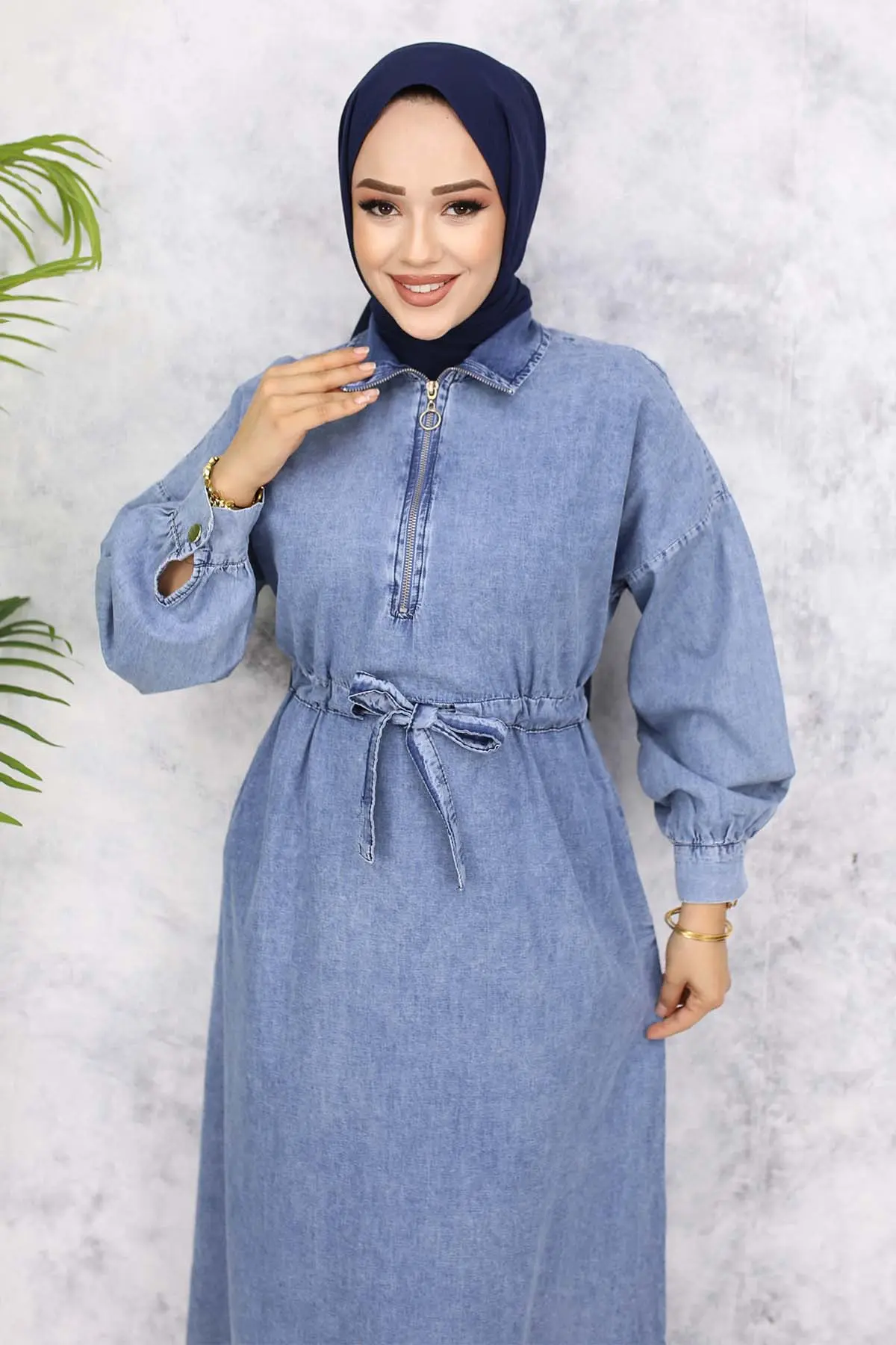 Yarım Fermuarlı Cepli Kot Elbise Mavi 825-detail