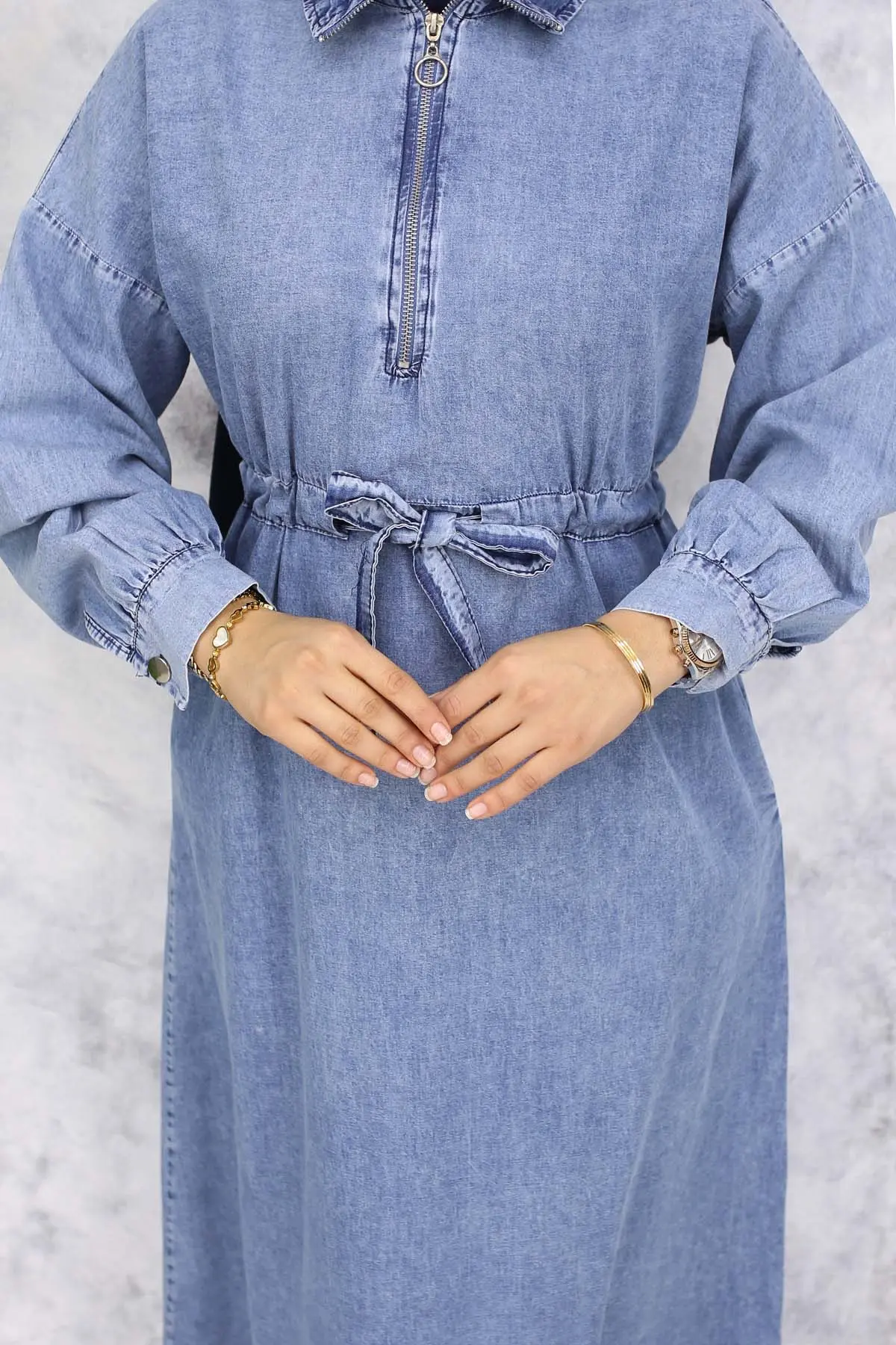 Yarım Fermuarlı Cepli Kot Elbise Mavi 825-detail