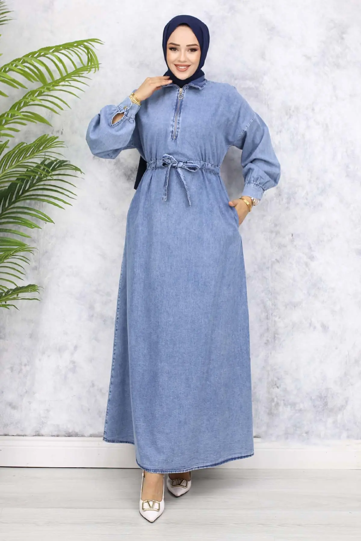 Yarım Fermuarlı Cepli Kot Elbise Mavi 825-detail