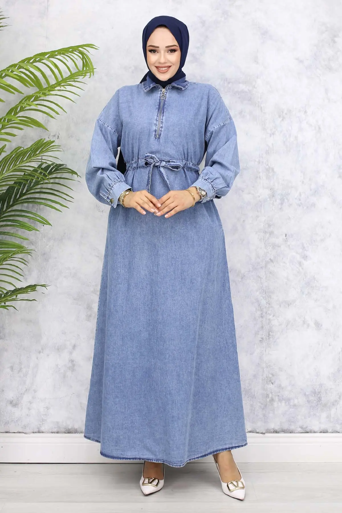 Yarım Fermuarlı Cepli Kot Elbise Mavi 825-detail