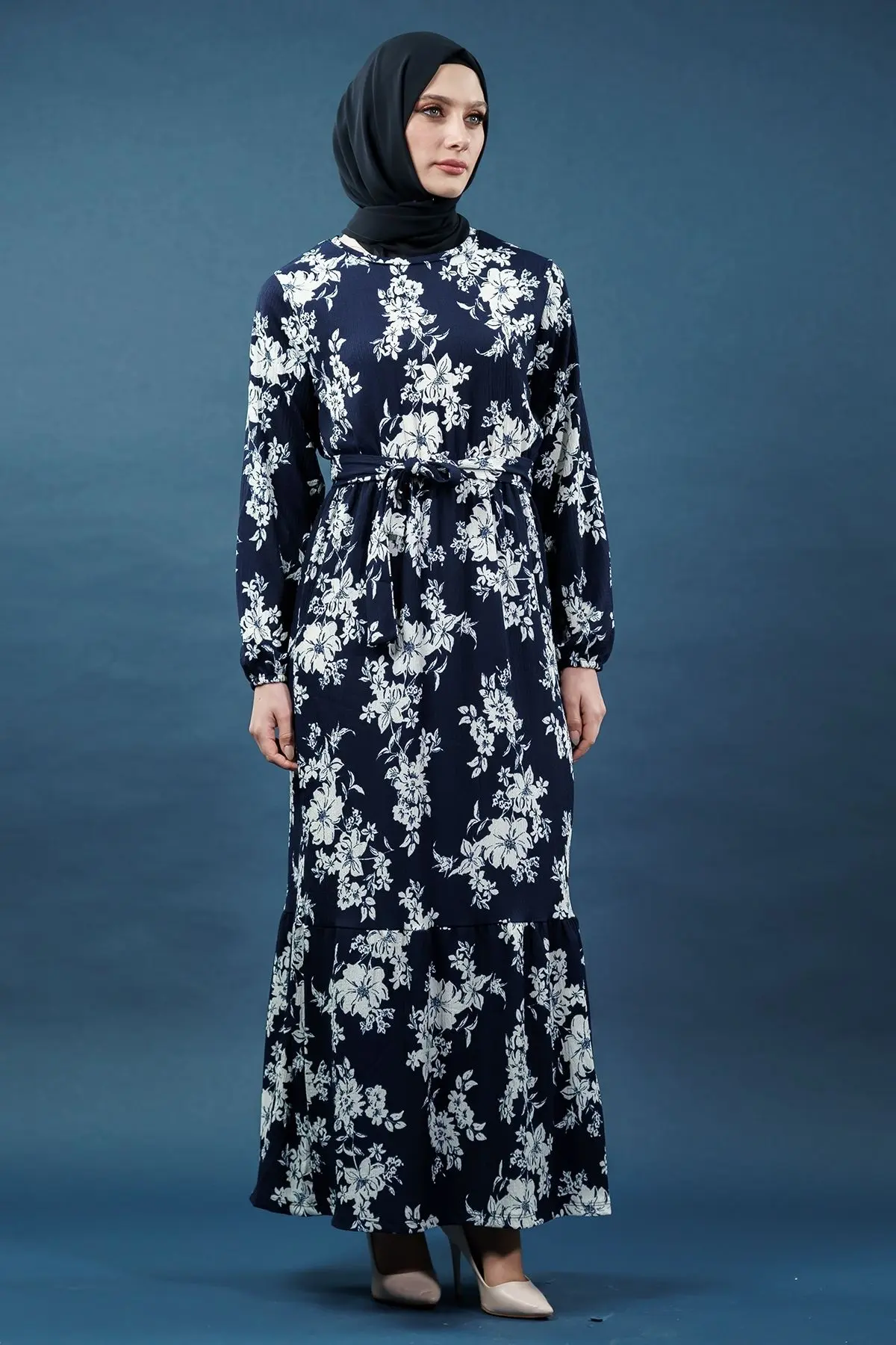 Yeni Sezon Bürümcük Çiçek Desenli Lacivert Elbise-detail