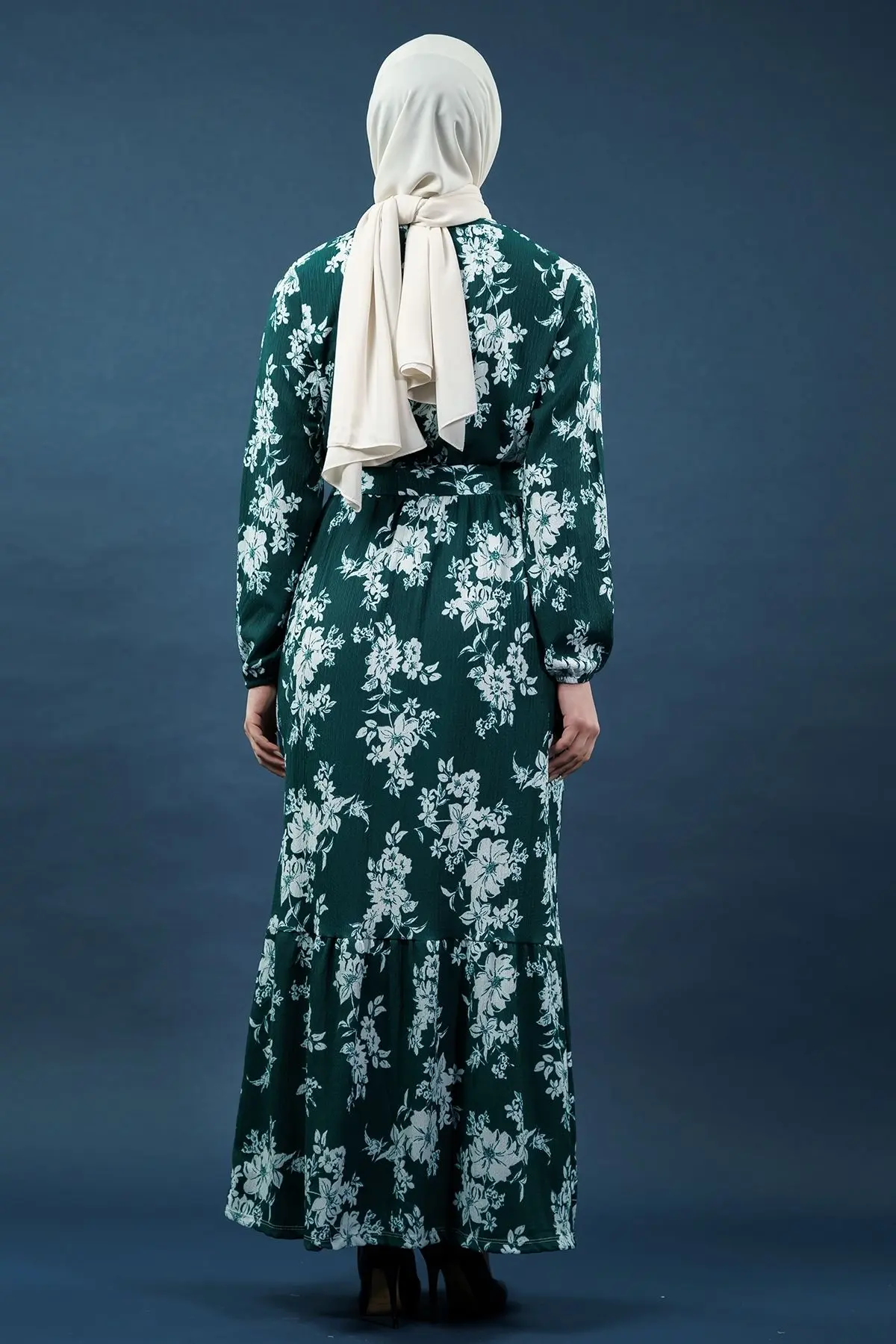 Yeni Sezon Bürümcük Çiçek Desenli Yeşil Elbise-detail