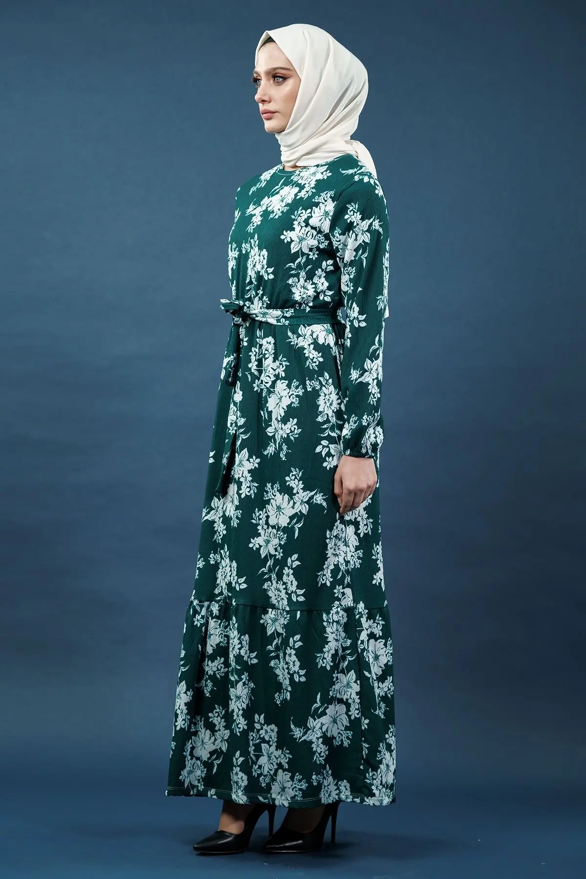 Yeni Sezon Bürümcük Çiçek Desenli Yeşil Elbise-detail