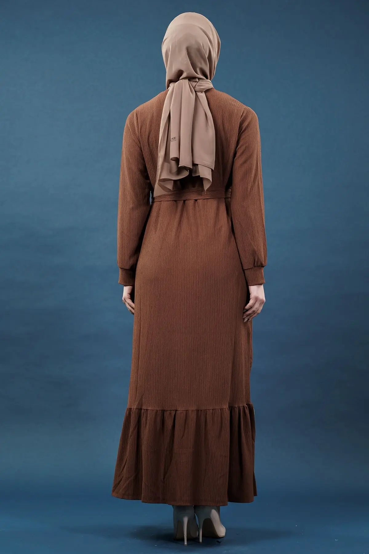 Yeni Sezon Bürümcük Kahverengi Elbise-detail