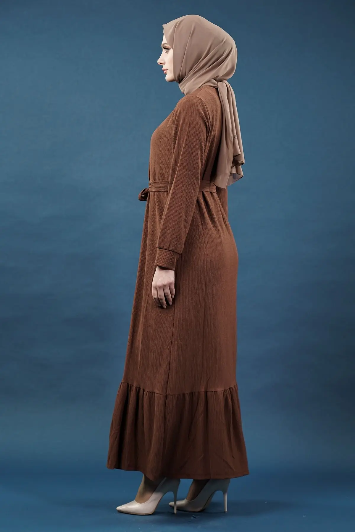 Yeni Sezon Bürümcük Kahverengi Elbise-detail