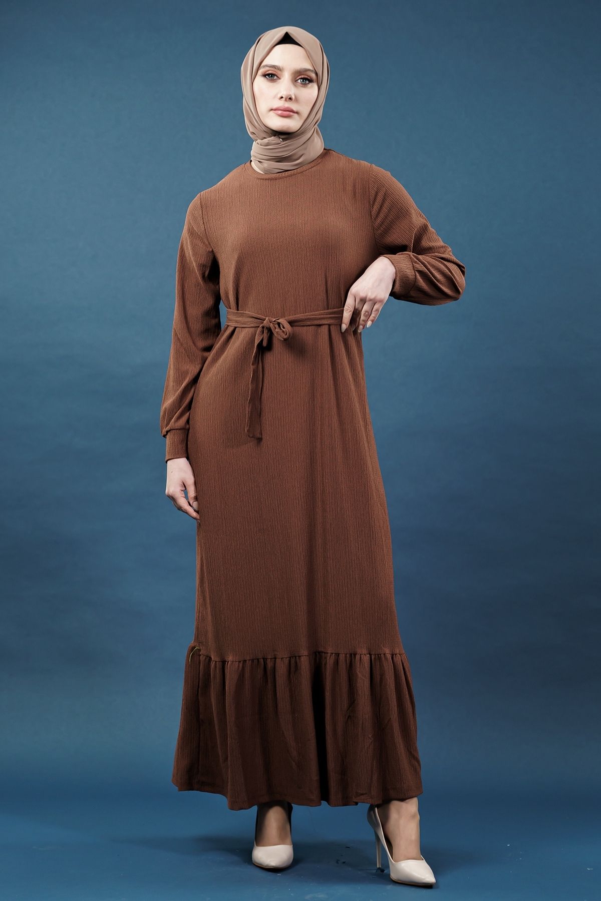 Yeni Sezon Bürümcük Kahverengi Elbise