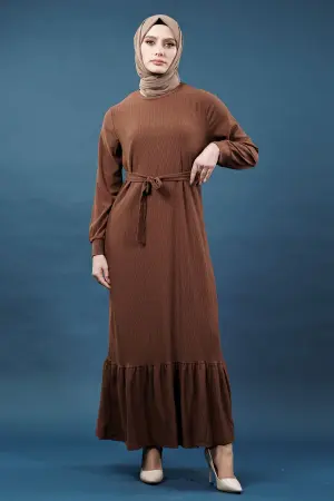 Yeni Sezon Bürümcük Kahverengi Elbise