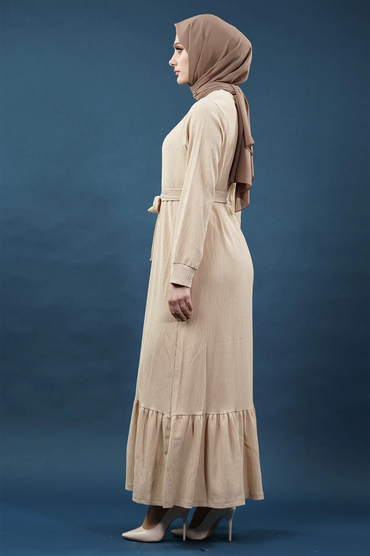 Yeni Sezon Bürümcük Krem Elbise-detail