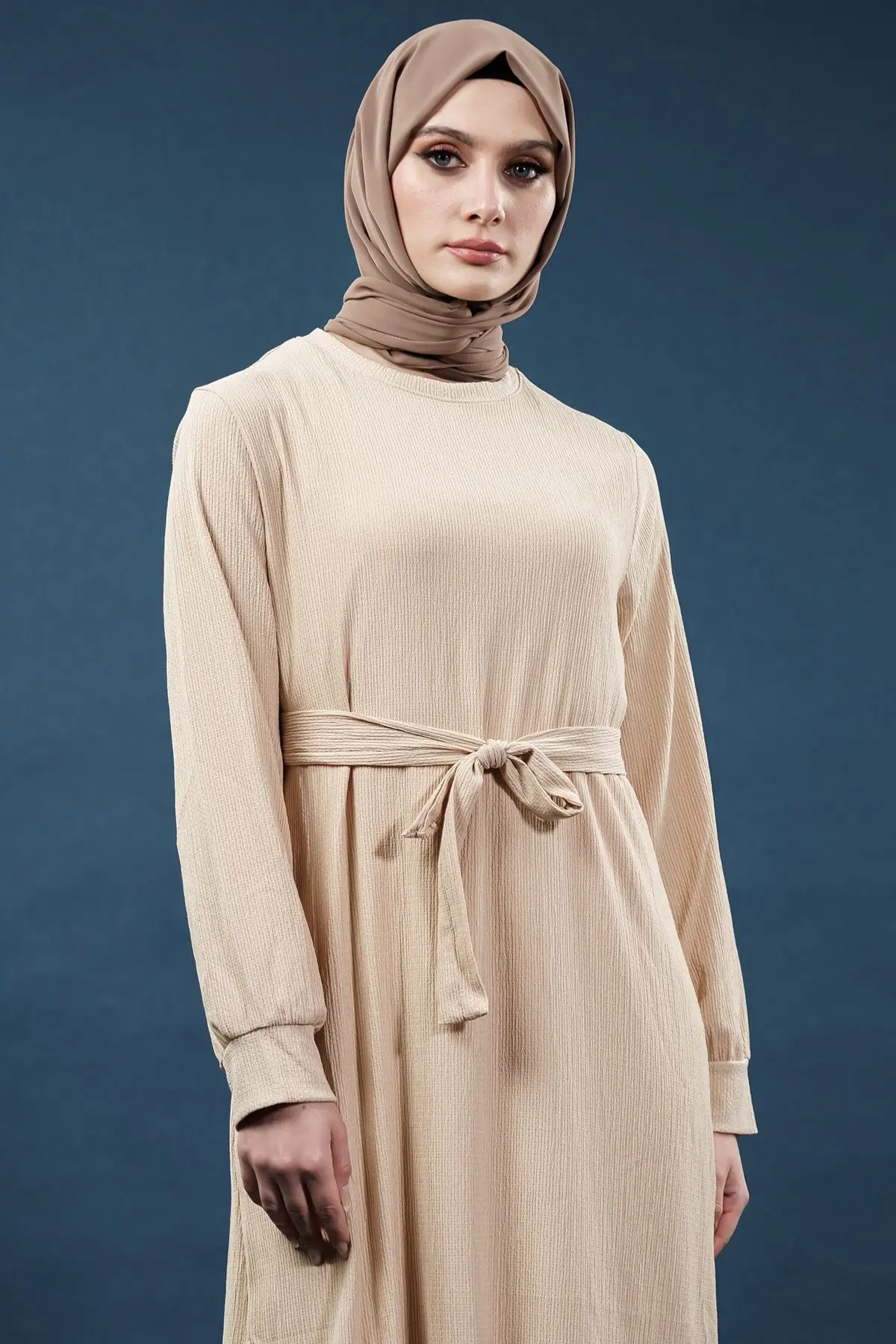 Yeni Sezon Bürümcük Krem Elbise-detail