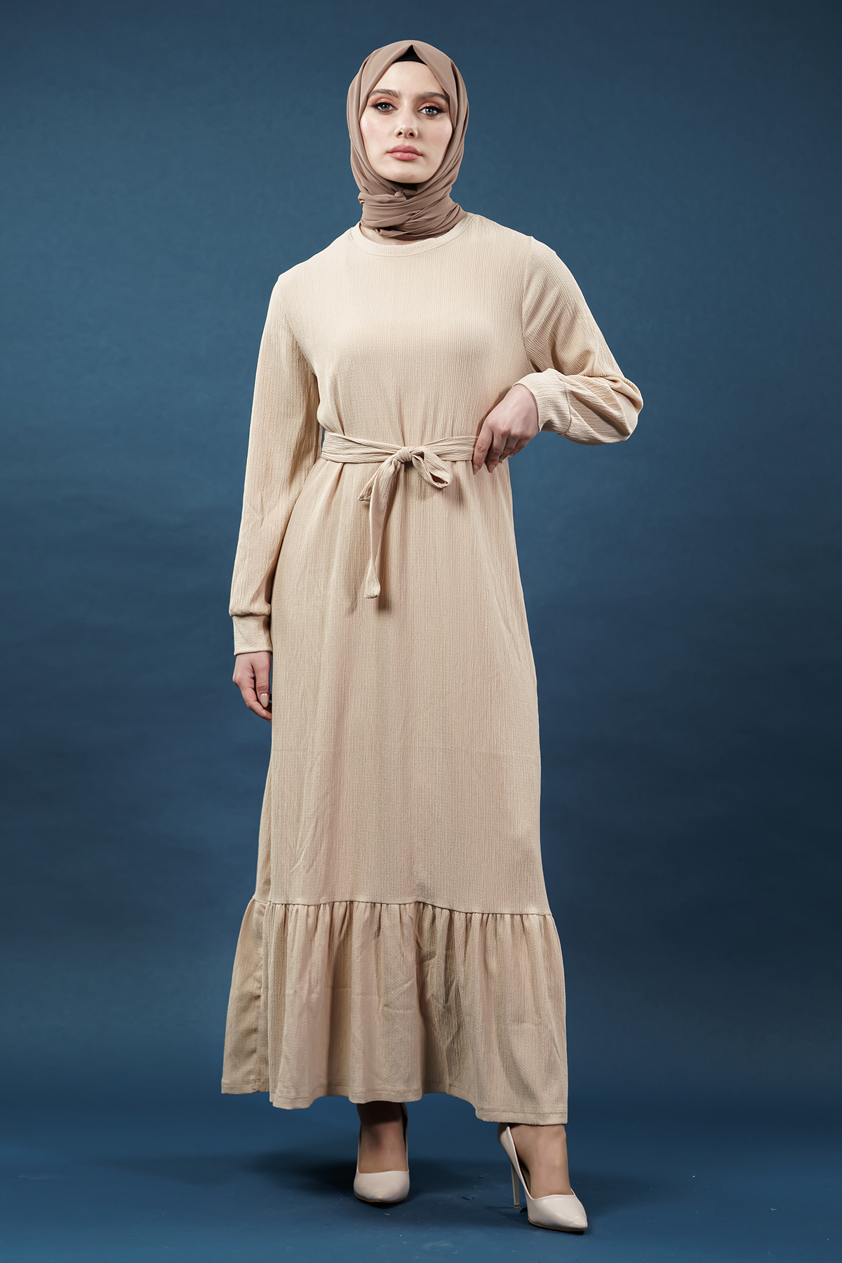 Yeni Sezon Bürümcük Krem Elbise