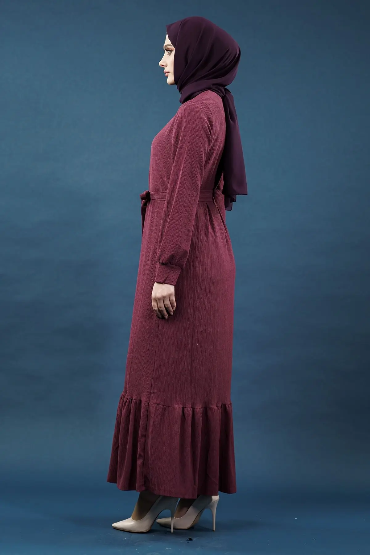 Yeni Sezon Bürümcük Mürdüm Elbise-detail