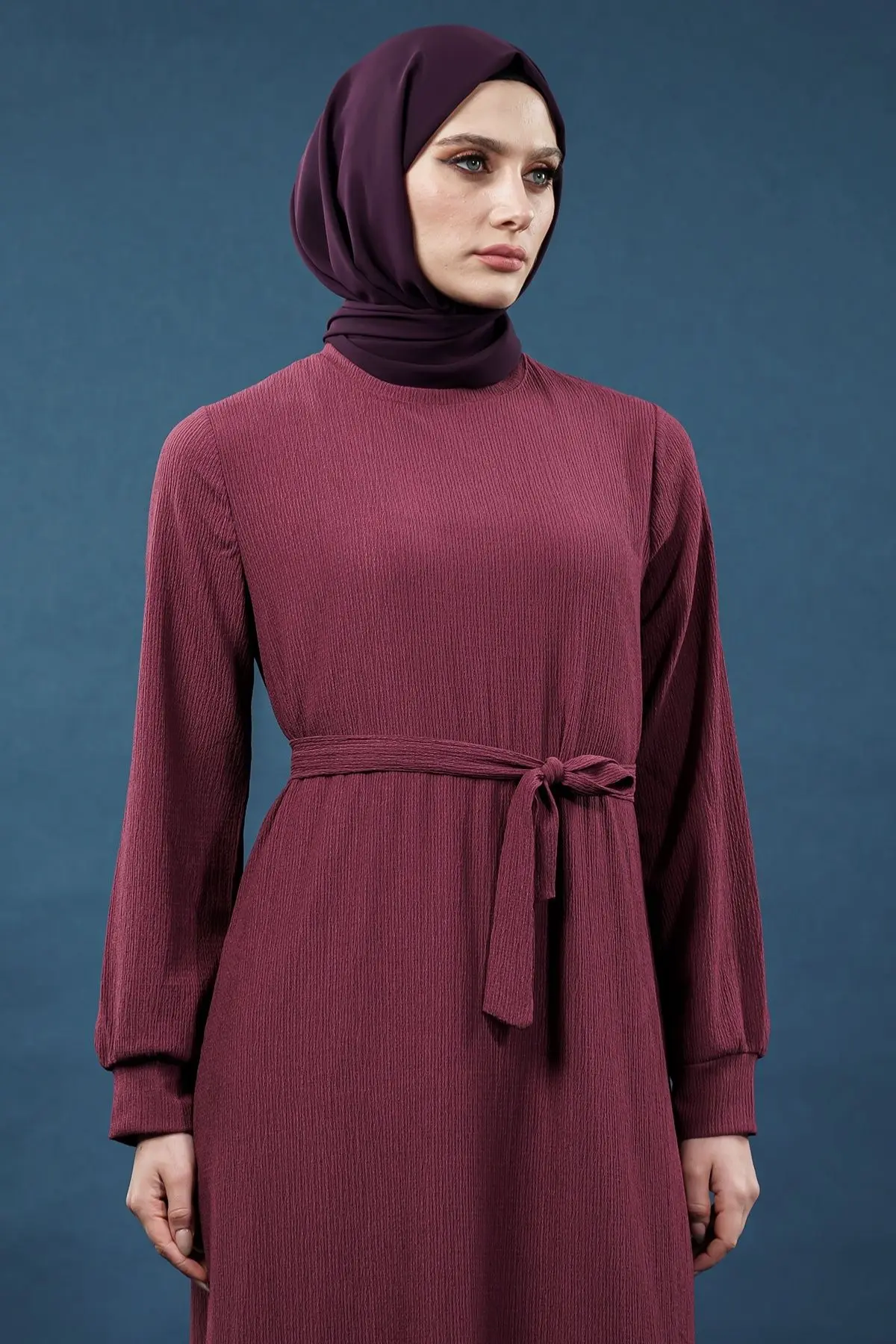 Yeni Sezon Bürümcük Mürdüm Elbise-detail