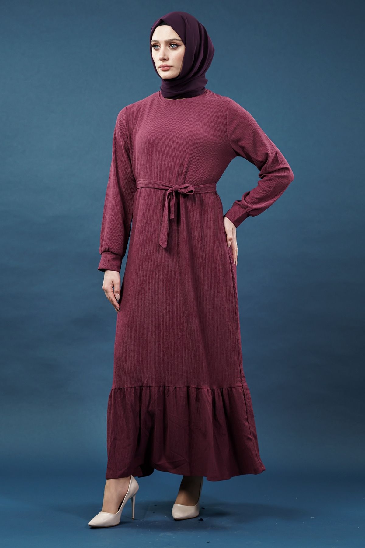 Yeni Sezon Bürümcük Mürdüm Elbise