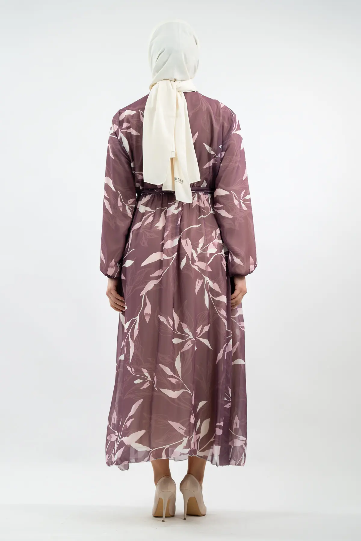 Yeni Sezon Çiçek Desenli Mor Tesettür Elbise-detail