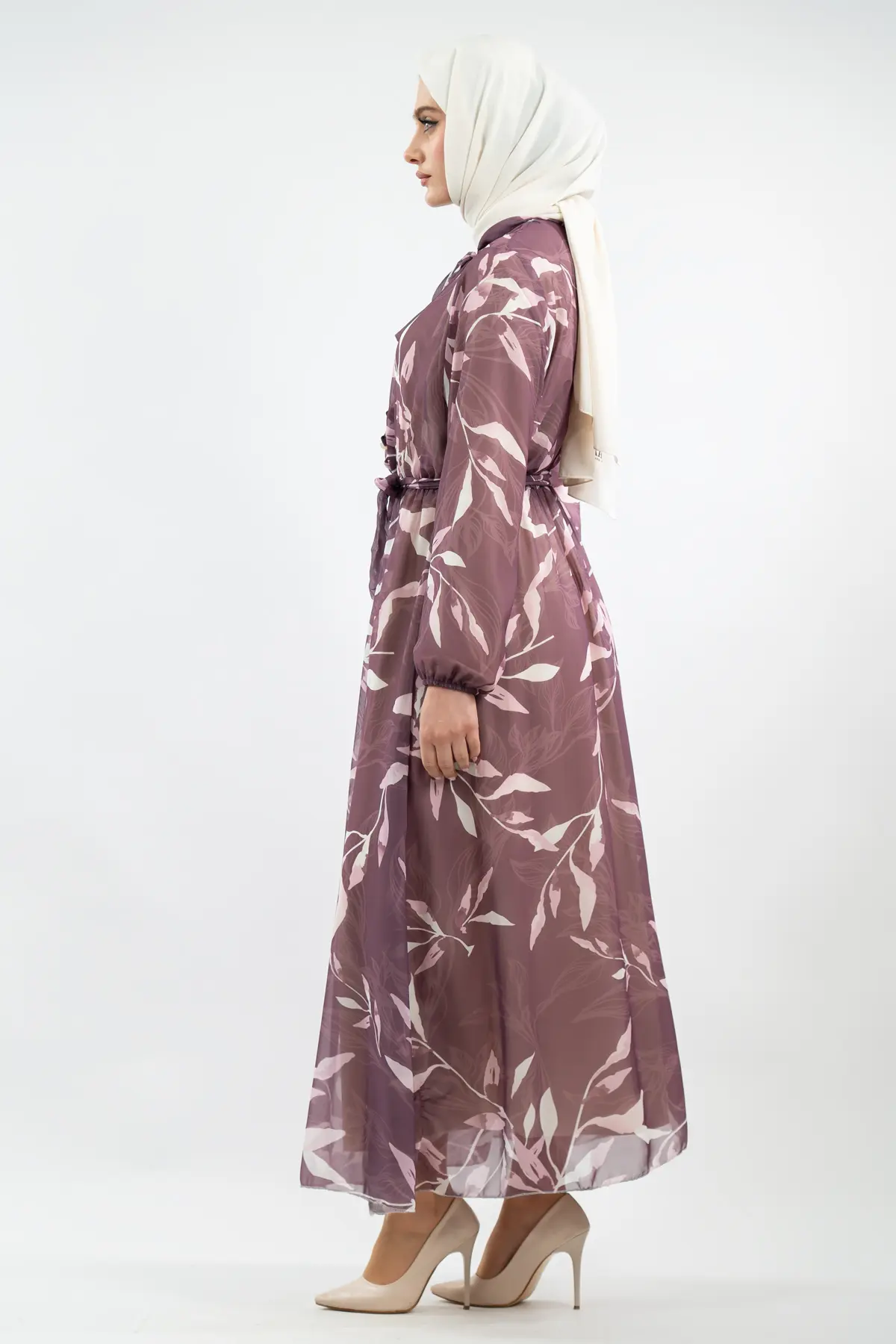 Yeni Sezon Çiçek Desenli Mor Tesettür Elbise-detail