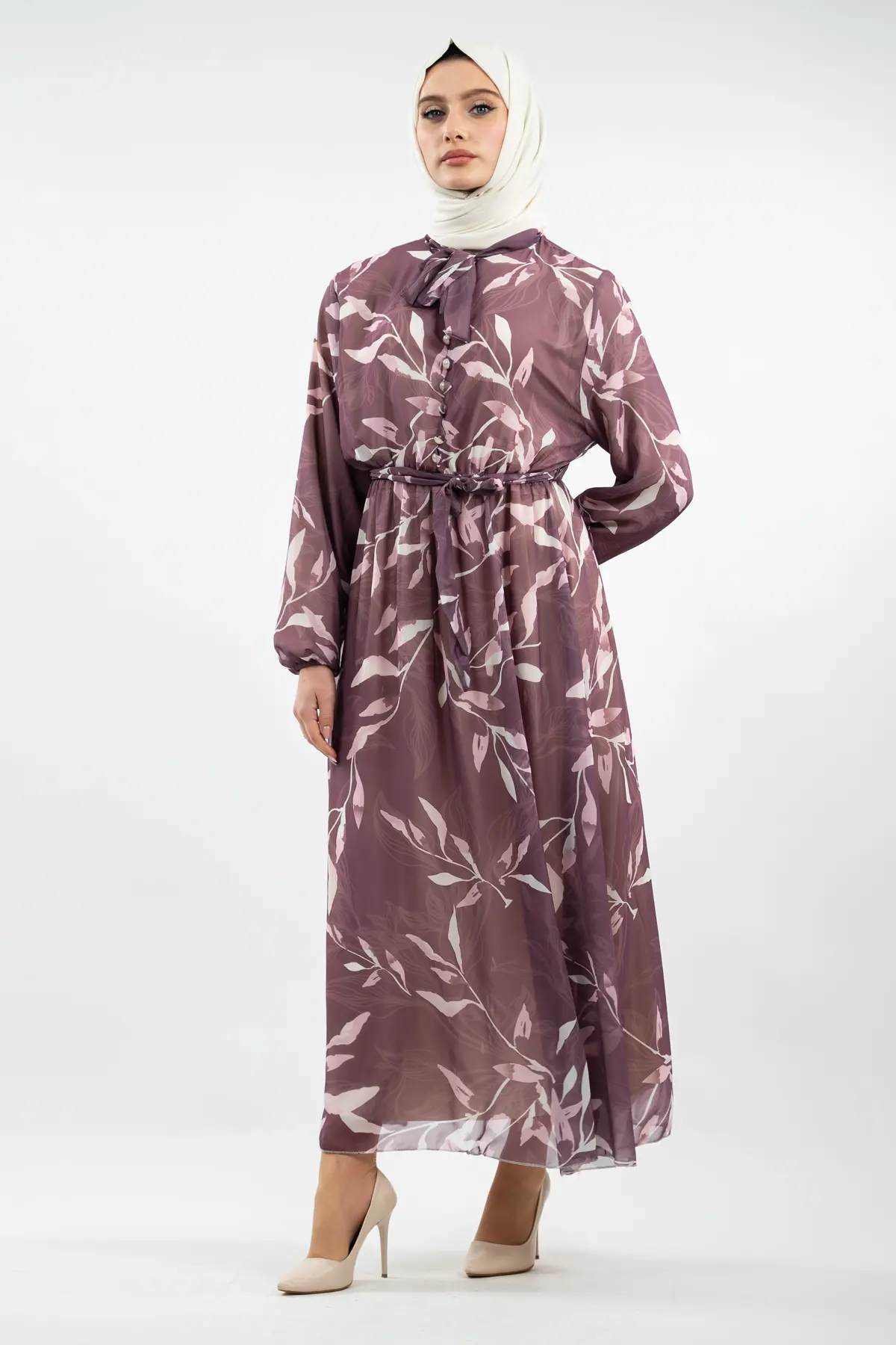 Yeni Sezon Çiçek Desenli Mor Tesettür Elbise-detail
