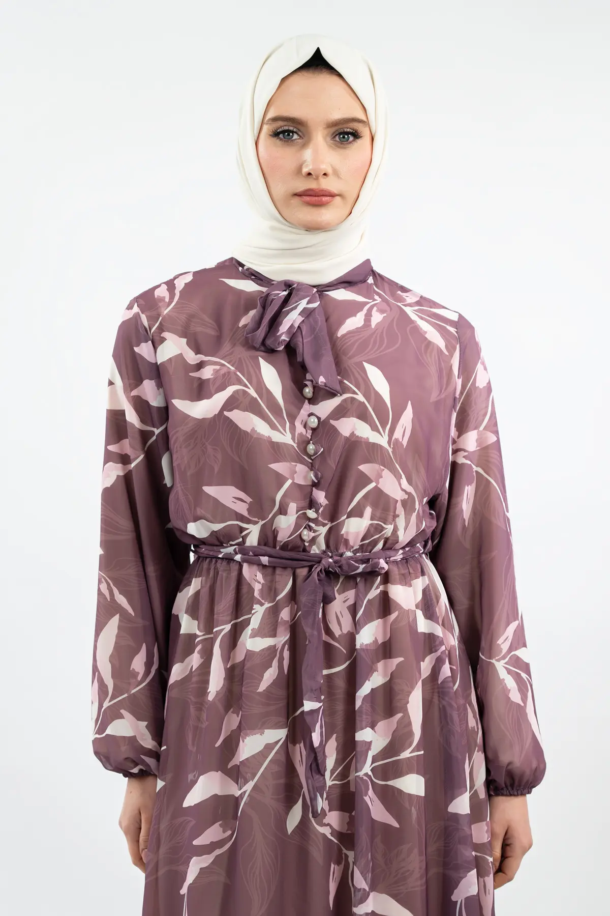 Yeni Sezon Çiçek Desenli Mor Tesettür Elbise-detail