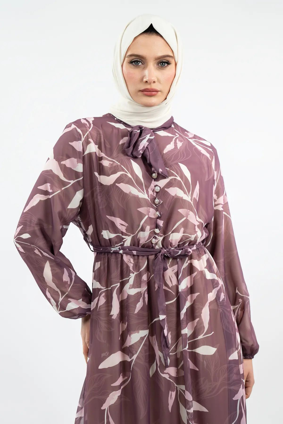 Yeni Sezon Çiçek Desenli Mor Tesettür Elbise-detail