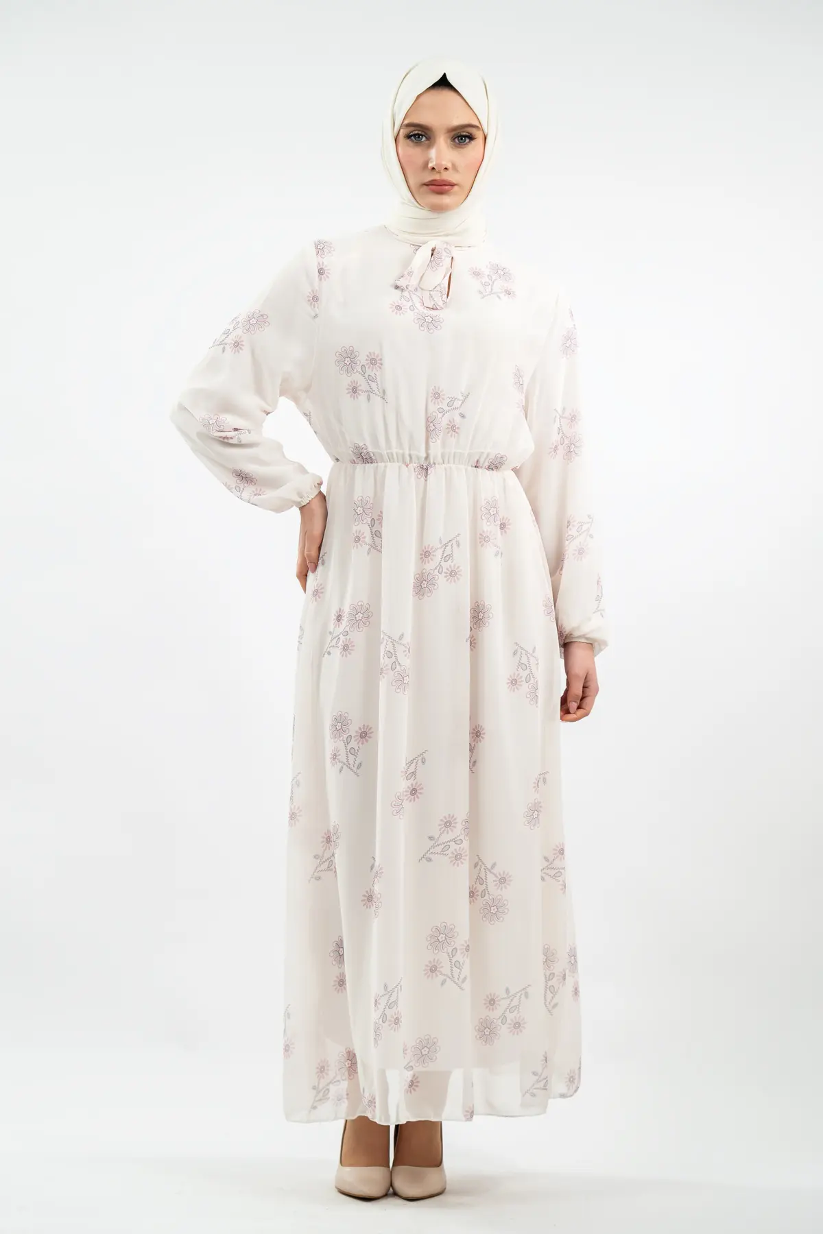 Yeni Sezon Çiçek Desenli Tesettür Elbise-detail