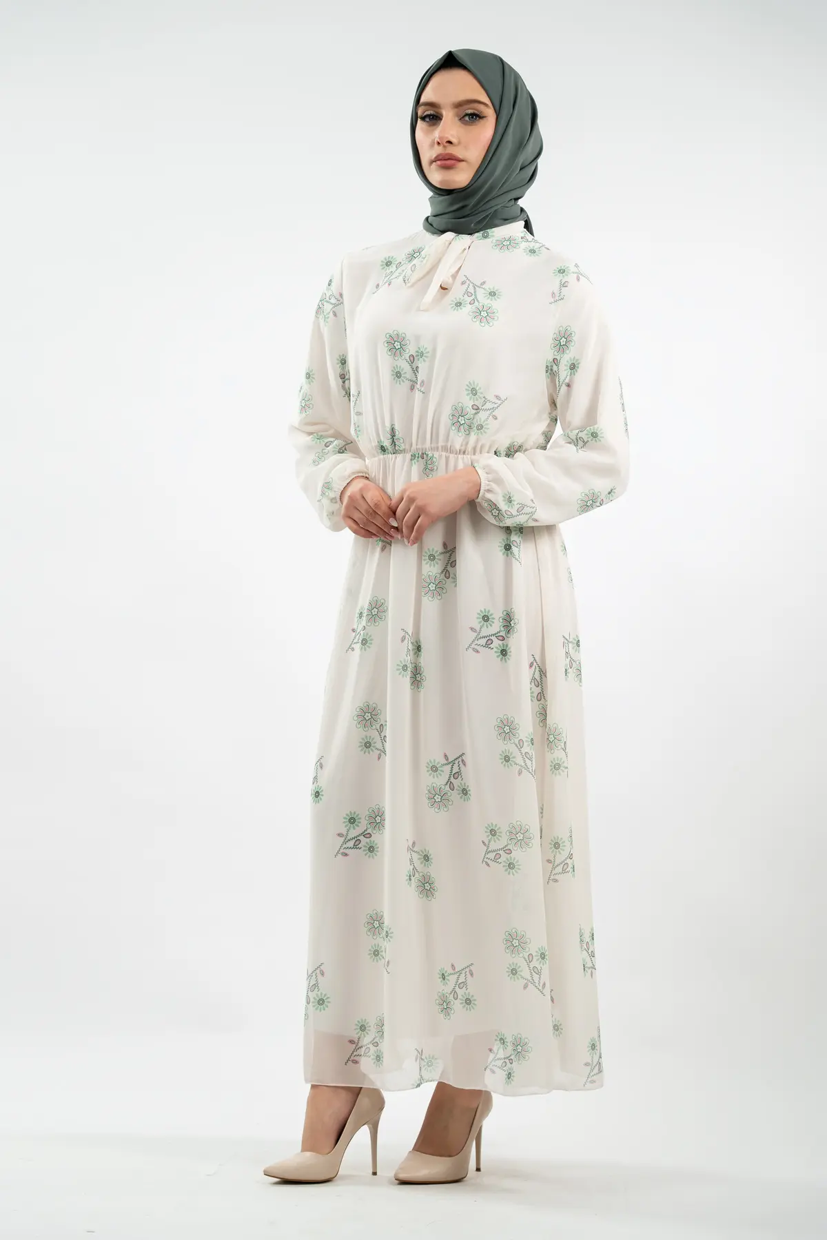 Yeni Sezon Çiçek Desenli Tesettür Elbise-detail