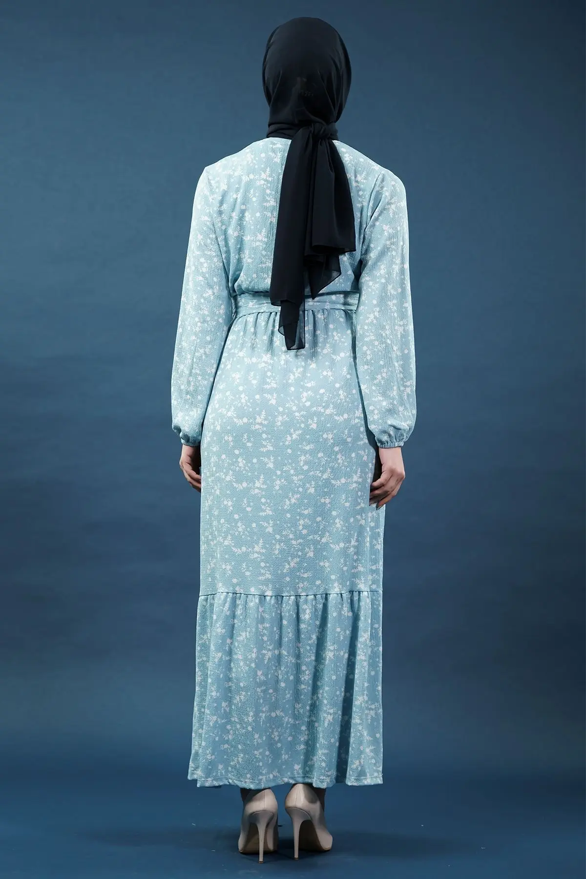 Yeni Sezon Çiçekli Bürümcük Buz Mavisi Elbise-detail