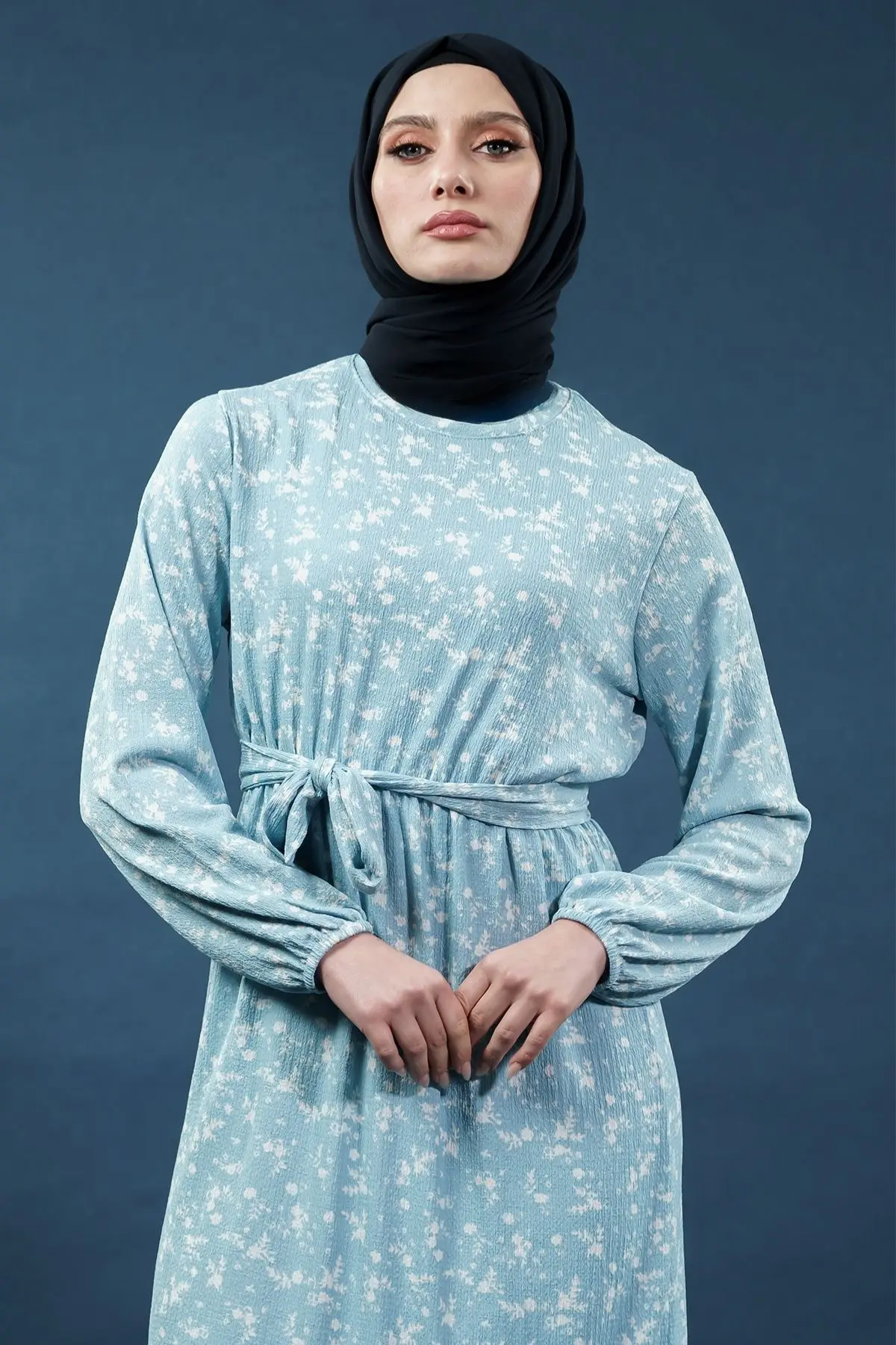 Yeni Sezon Çiçekli Bürümcük Buz Mavisi Elbise-detail