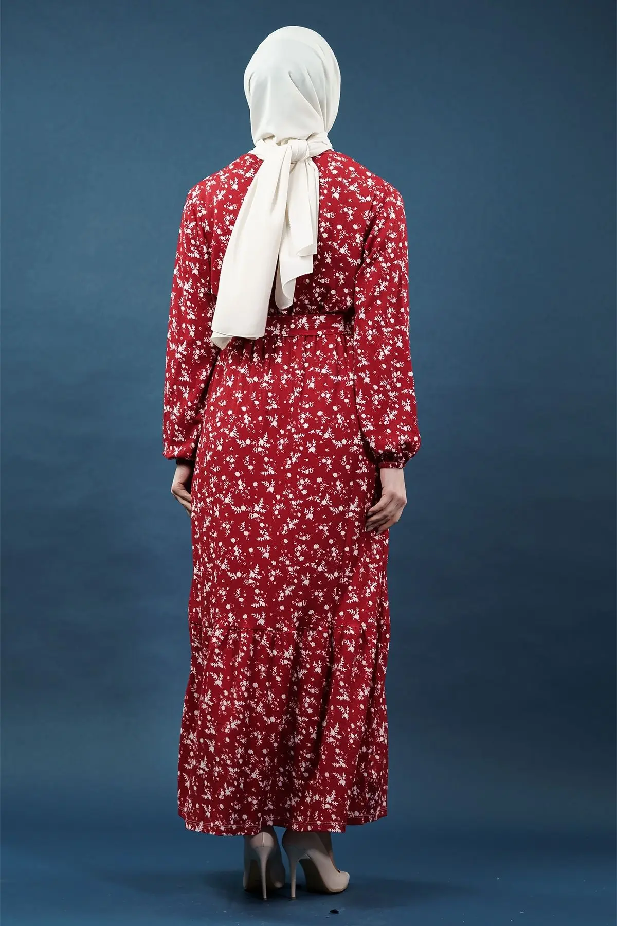 Yeni Sezon Çiçekli Bürümcük Kırmızı Elbise-detail