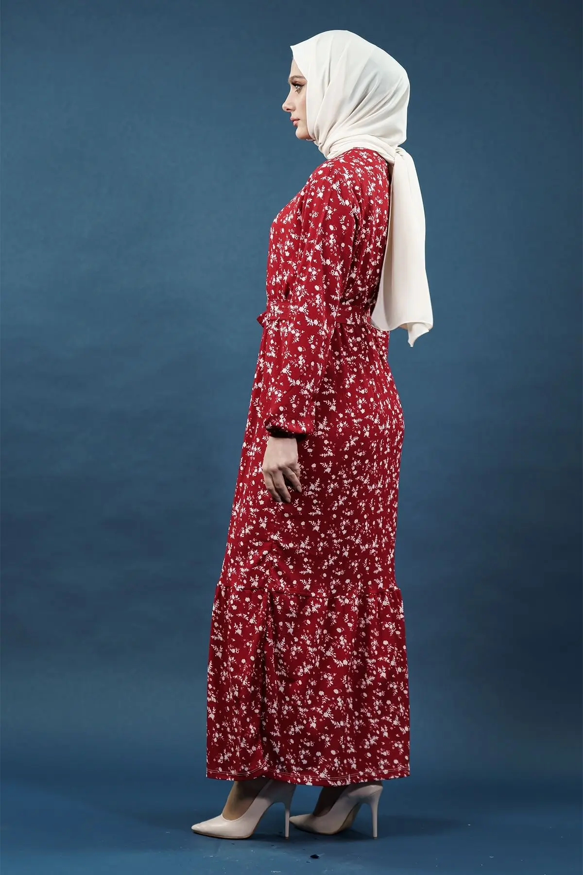 Yeni Sezon Çiçekli Bürümcük Kırmızı Elbise-detail